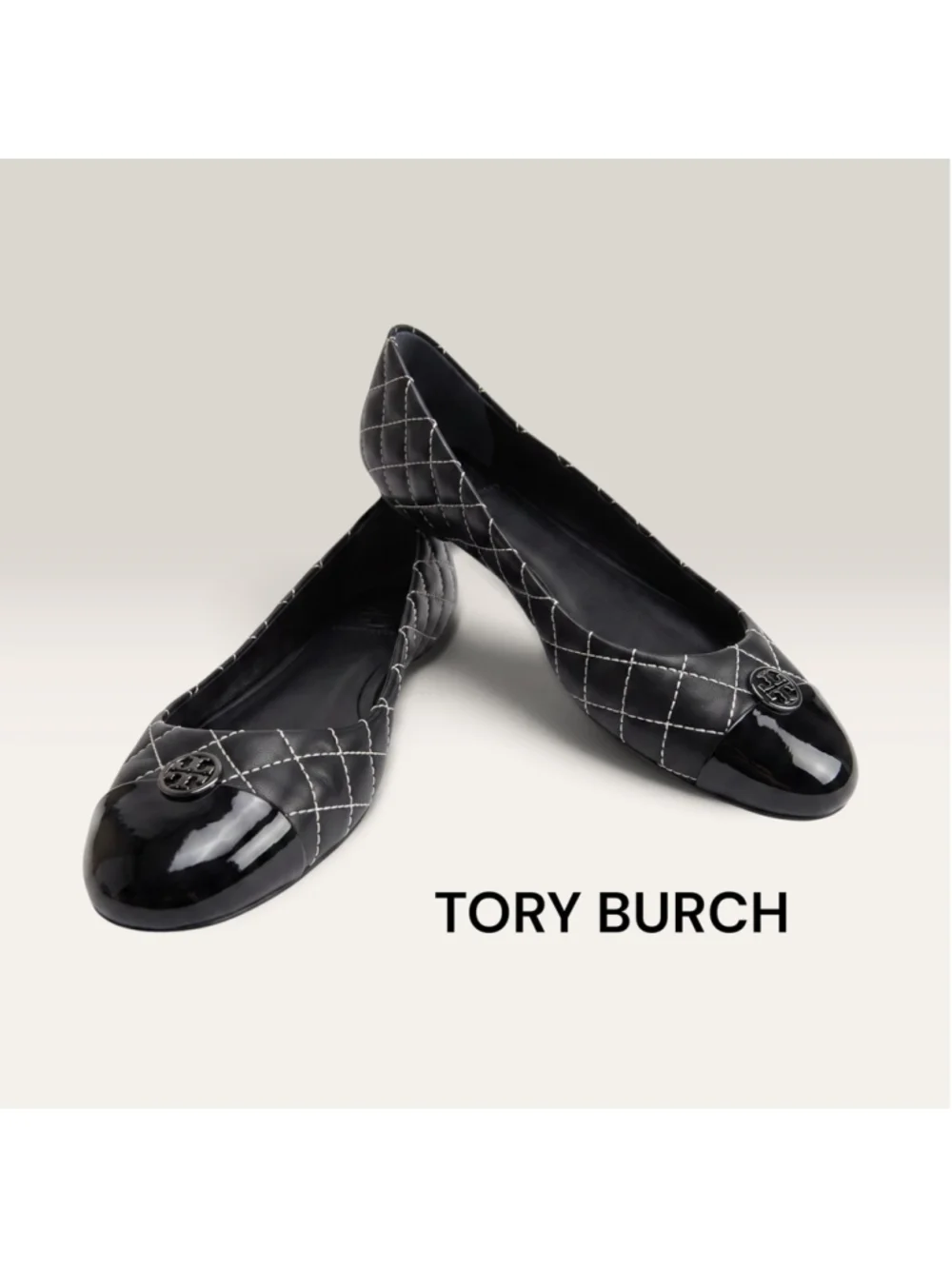 Tory Burch Quilted Leather KAITLIN Ballet Flats in Black w/ White Trim 8.5